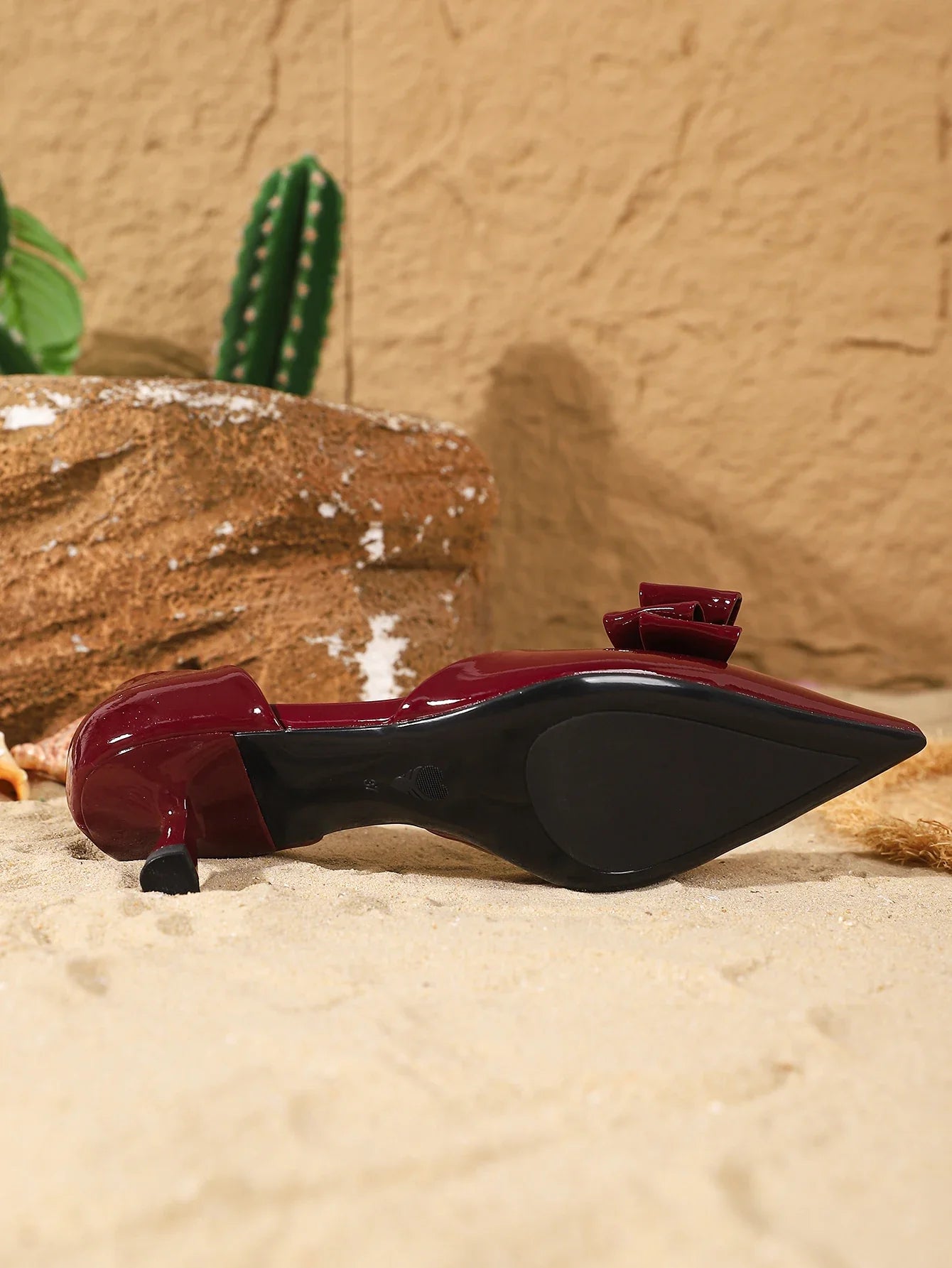 Burgundy Patent Leather Pointed Toe Kitten Heels