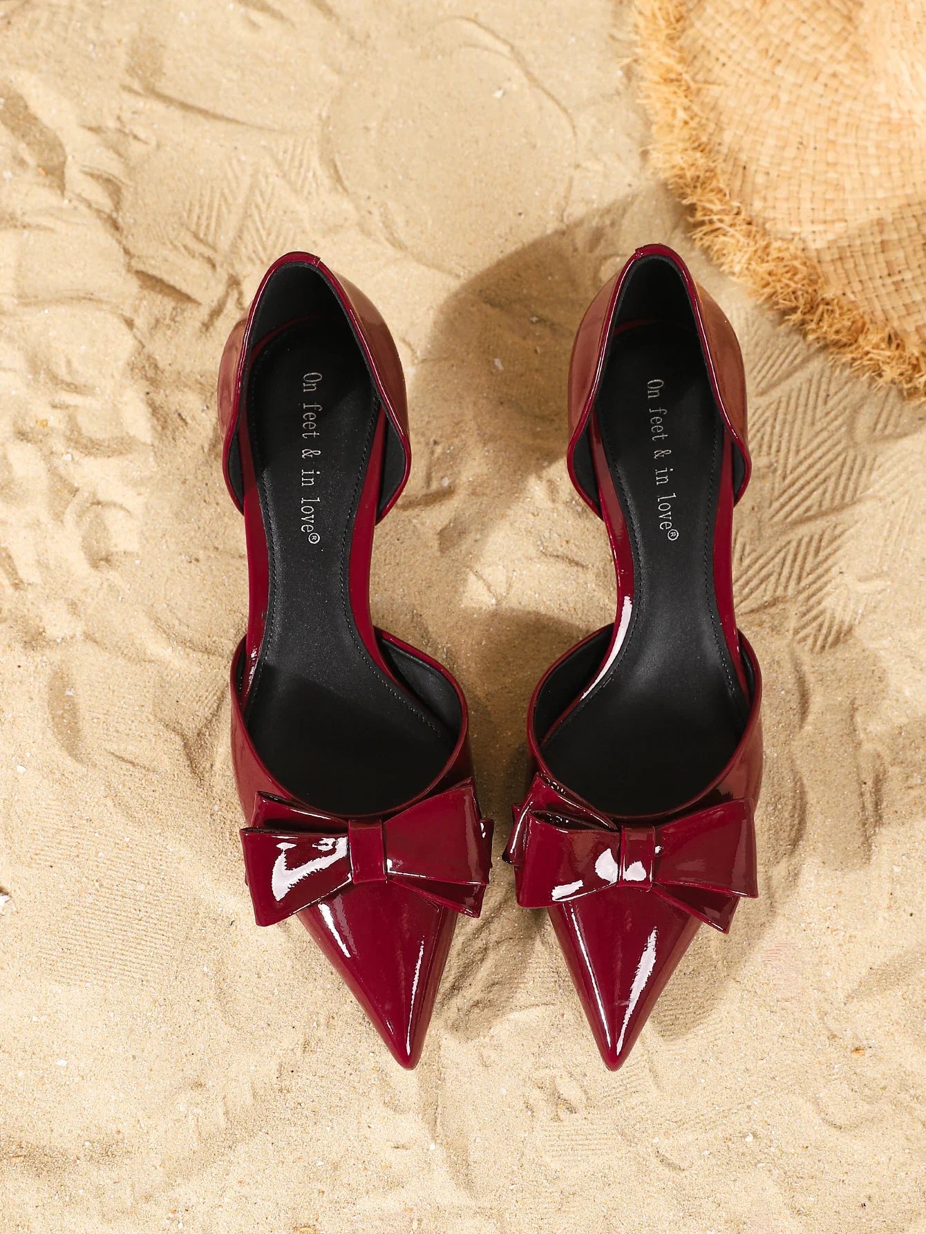 Burgundy Patent Leather Pointed Toe Kitten Heels