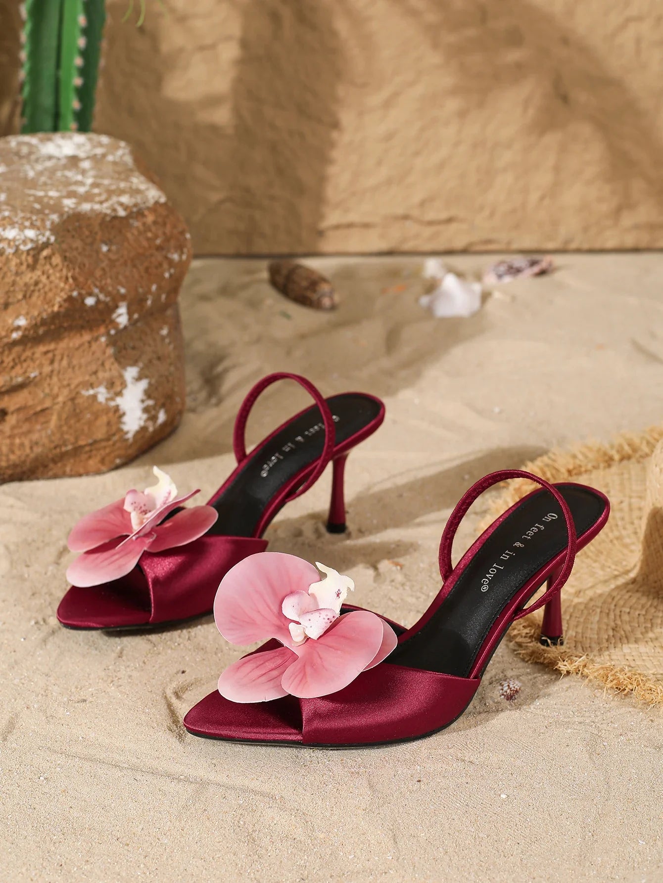 Burgundy Satin Orchid Stiletto Heeled Mules
