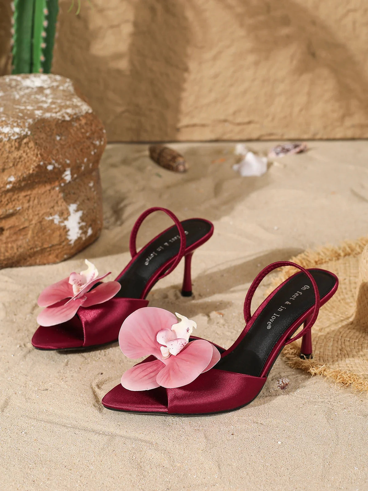 Burgundy Satin Orchid Stiletto Heeled Mules