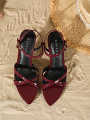 Burgundy Patent Leather Cross-Strap Pointed-Toe Stiletto Heel Sandals