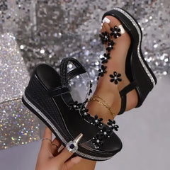 Floral Rhinestone Decorative Sandals Bohemian Style Open Toe Thick Platform Wedge Heel Temperament Beach Sandal