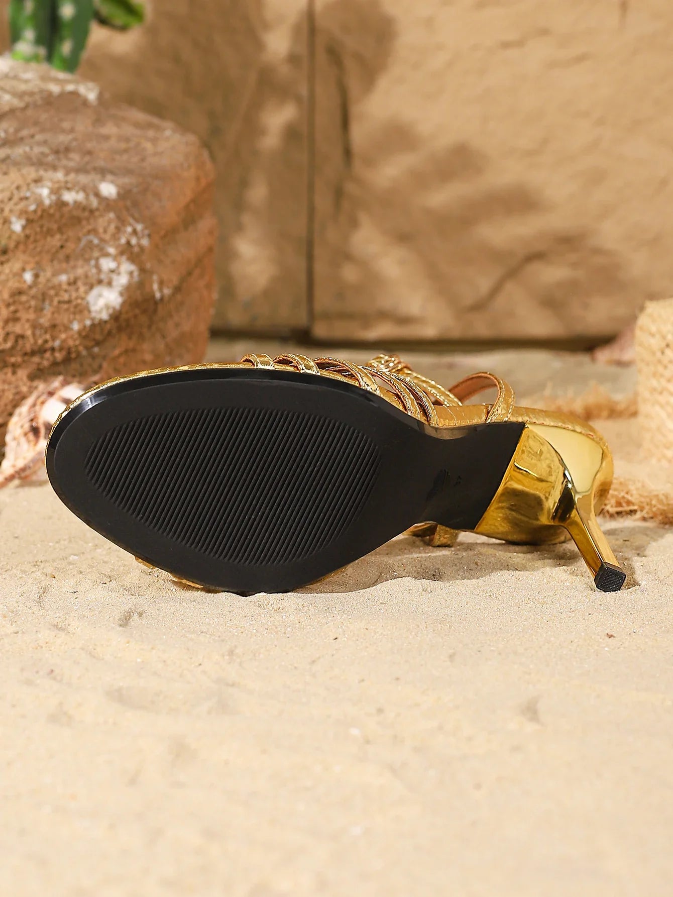 Gold Beaded Open Toe AnkleStrap Stiletto Heels