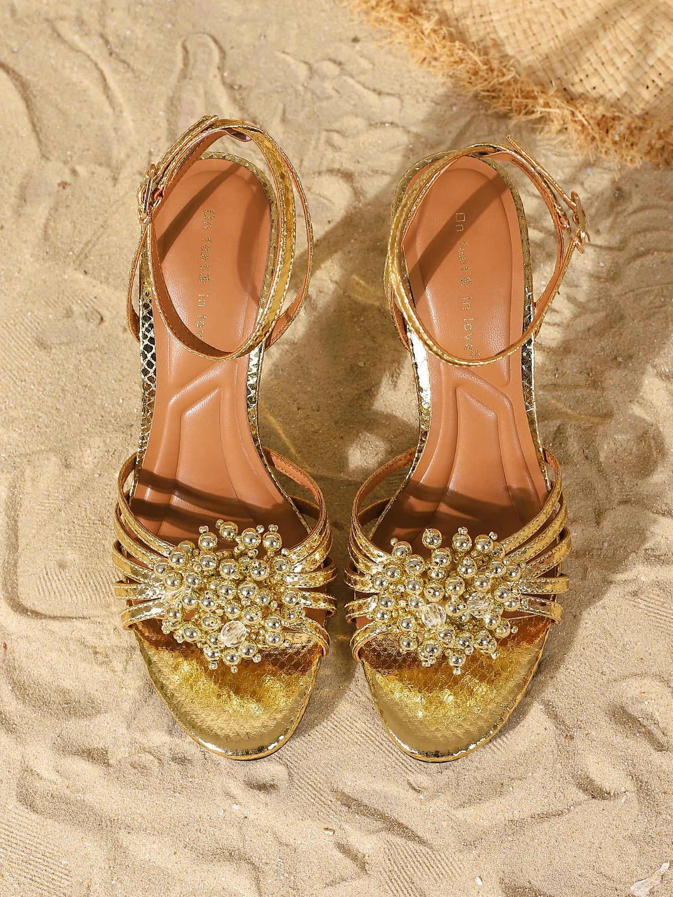 Gold Beaded Open Toe AnkleStrap Stiletto Heels