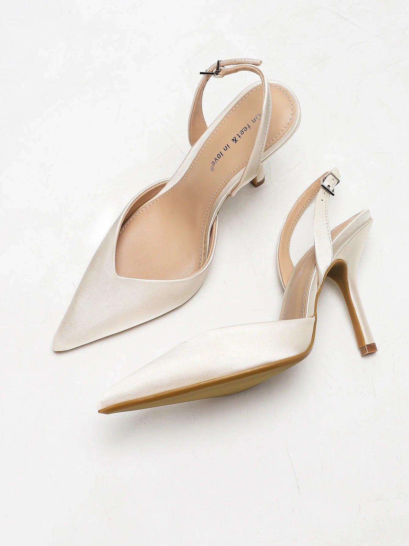 Ivory Satin Pointed-Toe Slingback Heeled Sandals