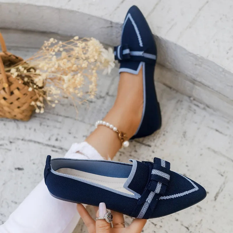 Light Comfortable Loafers Bow Tie Ballet Flats Pointed Toe Soft Barefoot Knitted Multicolor Casual Ballerina Sneakers