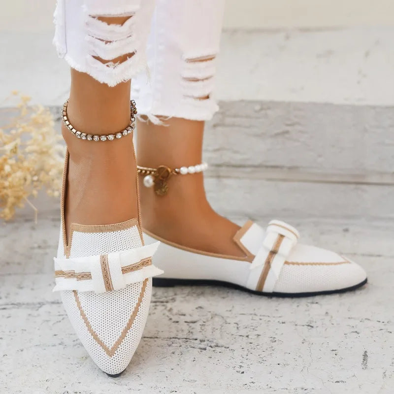 Light Comfortable Loafers Bow Tie Ballet Flats Pointed Toe Soft Barefoot Knitted Multicolor Casual Ballerina Sneakers
