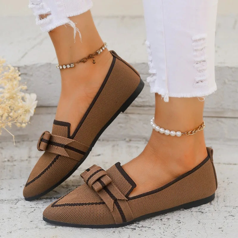 Light Comfortable Loafers Bow Tie Ballet Flats Pointed Toe Soft Barefoot Knitted Multicolor Casual Ballerina Sneakers