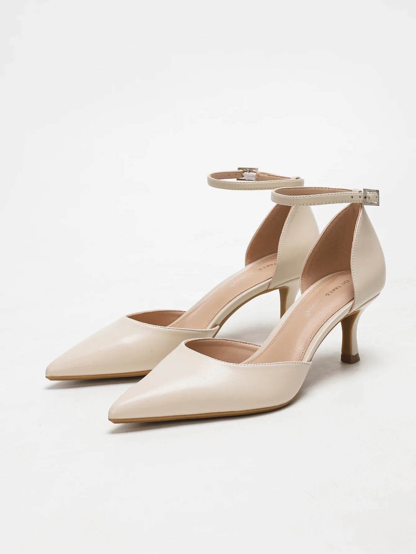 Nude Pointed Toe Ankle Strap Kitten Heel Pumps