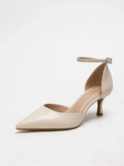 Nude Pointed Toe Ankle Strap Kitten Heel Pumps