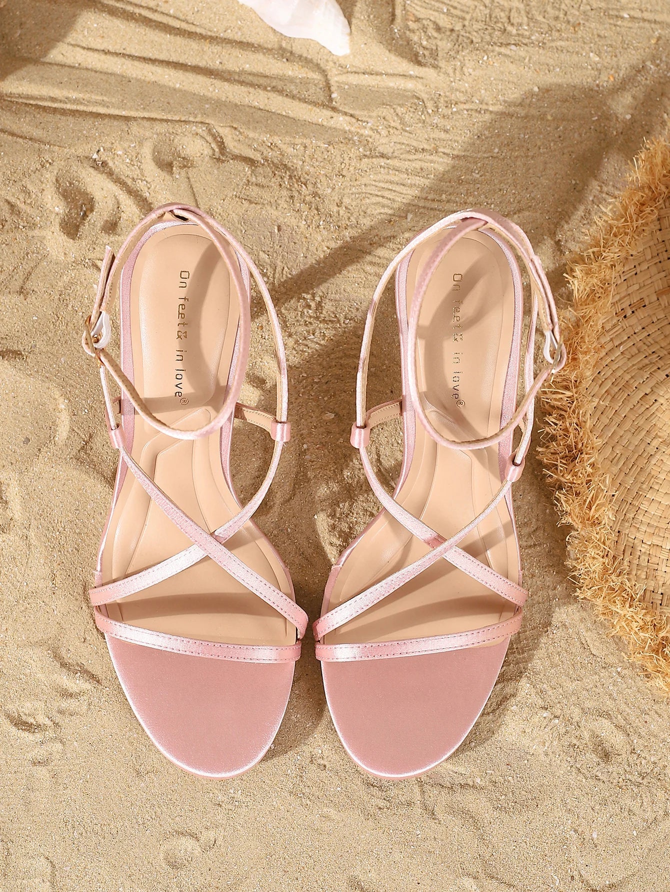 Pink Satin Cross Strap OpenToe Stiletto Heel Sandals with AnkleBuckle