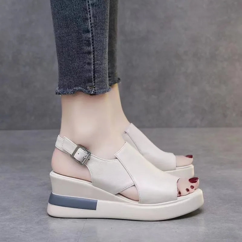 Platform Wedge Sandals High-heeled Fish Mouth Shoes Soft Leather Heightened Platform Shoes