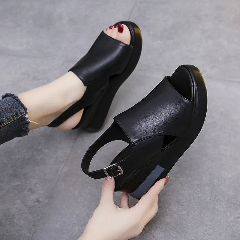 Platform Wedge Sandals High-heeled Fish Mouth Shoes Soft Leather Heightened Platform Shoes