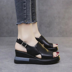 Platform Wedge Sandals High-heeled Fish Mouth Shoes Soft Leather Heightened Platform Shoes