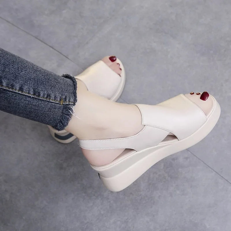 Platform Wedge Sandals High-heeled Fish Mouth Shoes Soft Leather Heightened Platform Shoes