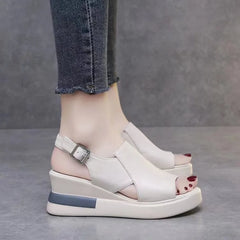 Platform Wedge Sandals High-heeled Fish Mouth Shoes Soft Leather Heightened Platform Shoes