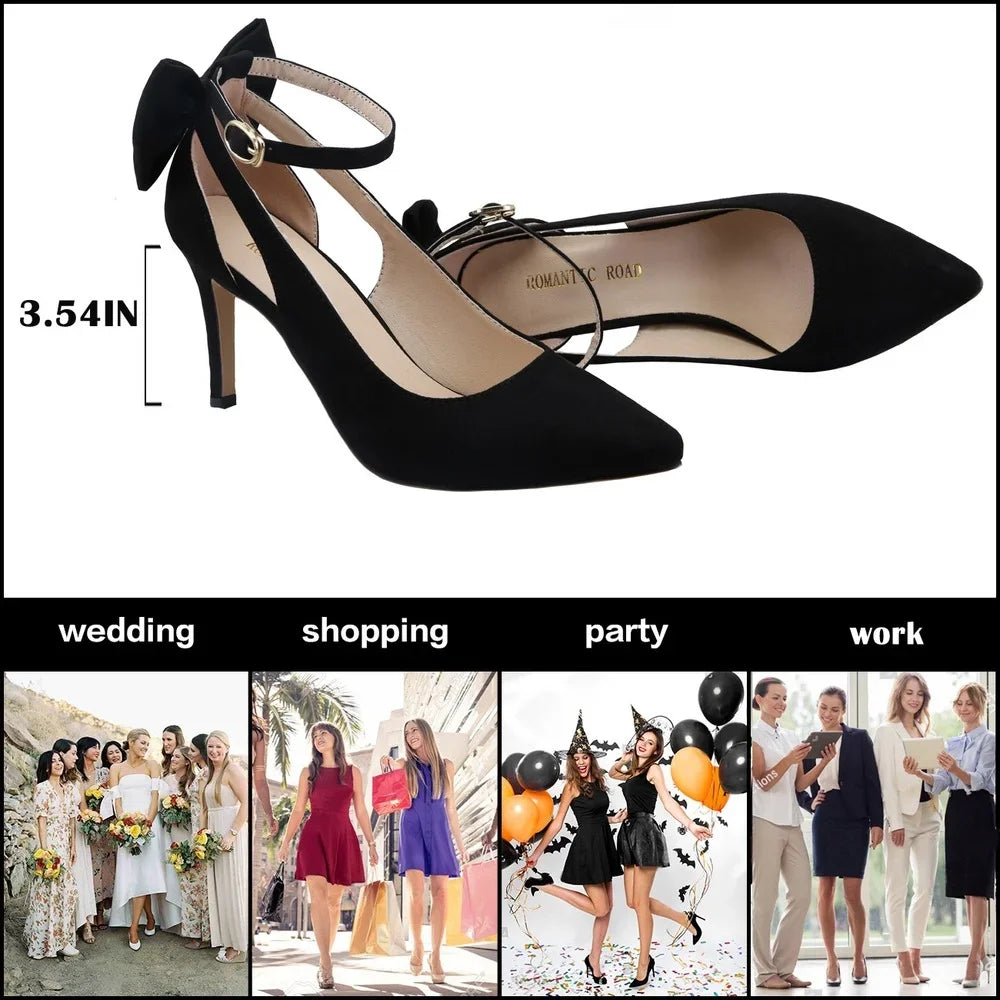 Pumps Ankle Strap Sandals Slingback Bow High Heels Kitten 9cm Pointed Toe Heel Party Wedding Dress Comfortable Shoes