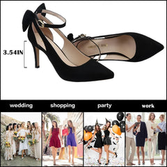Pumps Ankle Strap Sandals Slingback Bow High Heels Kitten 9cm Pointed Toe Heel Party Wedding Dress Comfortable Shoes