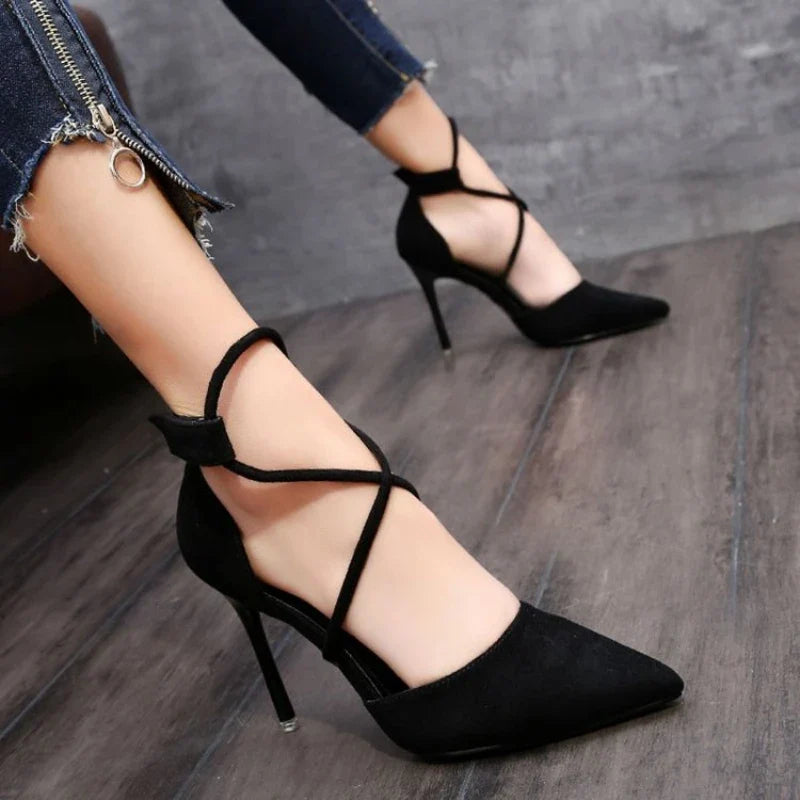 Suede High Heel 9cm Pointed Stiletto Sexy Black Wedding Shoes Nude Bridal Shoes Heel Woman