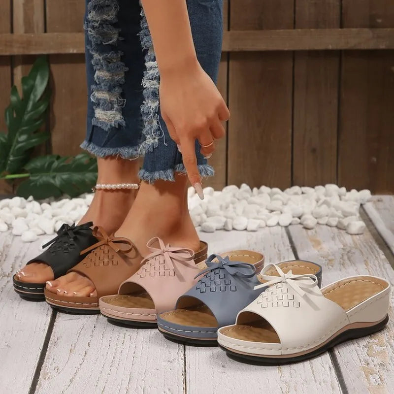 Wedge Heel Sandals Thick Sole Beach Slippers Woman Bow Knot Platform Slide Sandals Plus Size
