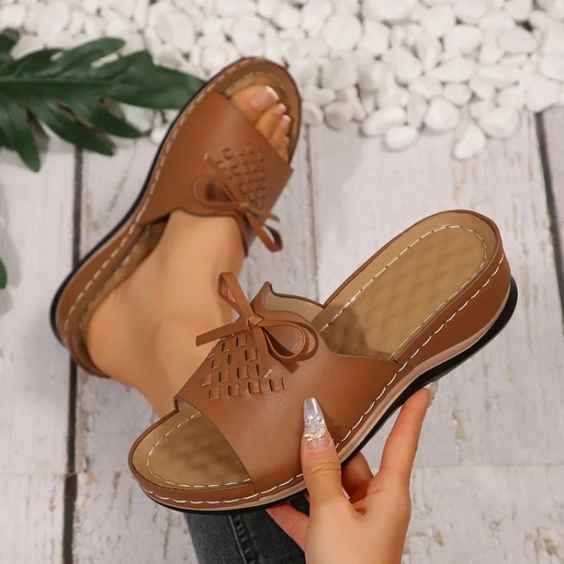 Wedge Heel Sandals Thick Sole Beach Slippers Woman Bow Knot Platform Slide Sandals Plus Size