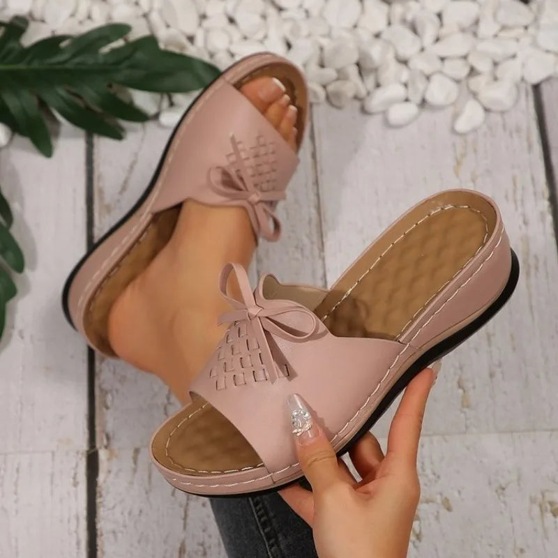 Wedge Heel Sandals Thick Sole Beach Slippers Woman Bow Knot Platform Slide Sandals Plus Size