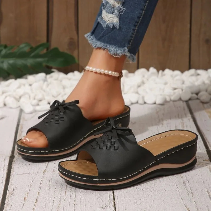Wedge Heel Sandals Thick Sole Beach Slippers Woman Bow Knot Platform Slide Sandals Plus Size