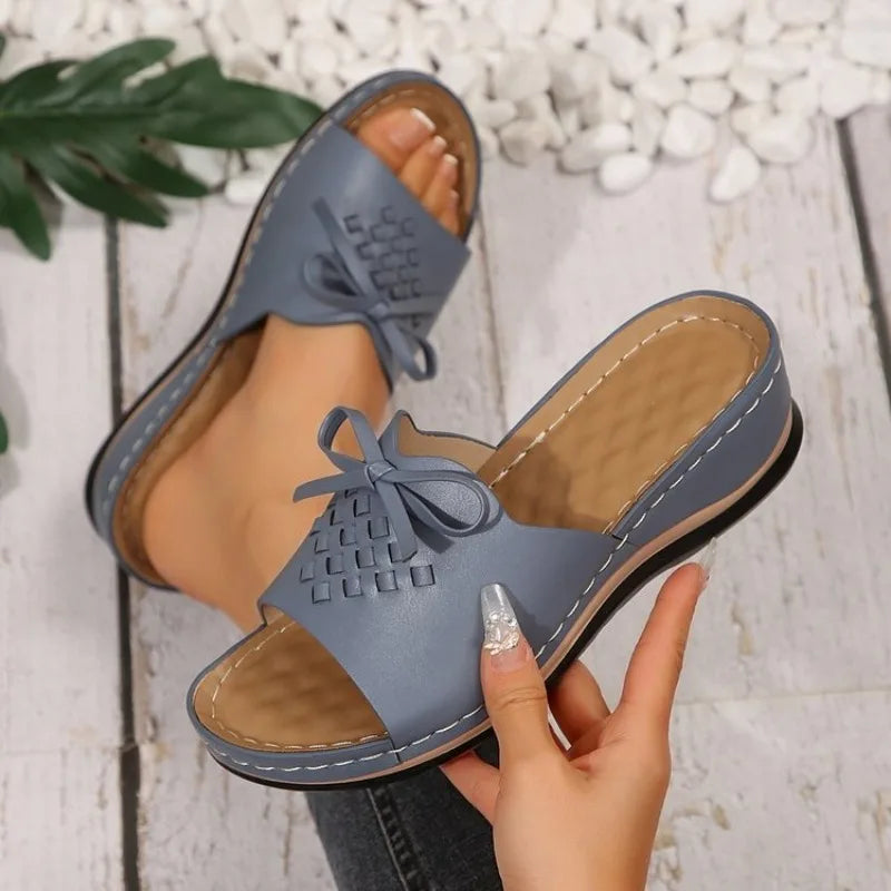 Wedge Heel Sandals Thick Sole Beach Slippers Woman Bow Knot Platform Slide Sandals Plus Size