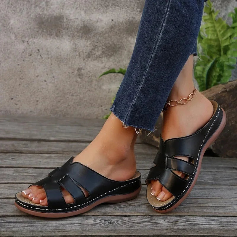 Thick Heel Slip-On Casual Shoes Large Size Pure Color Woven Outerwear Sandals Round Toe Polyurethane Autumn