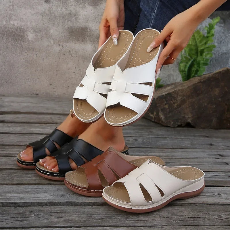 Thick Heel Slip-On Casual Shoes Large Size Pure Color Woven Outerwear Sandals Round Toe Polyurethane Autumn