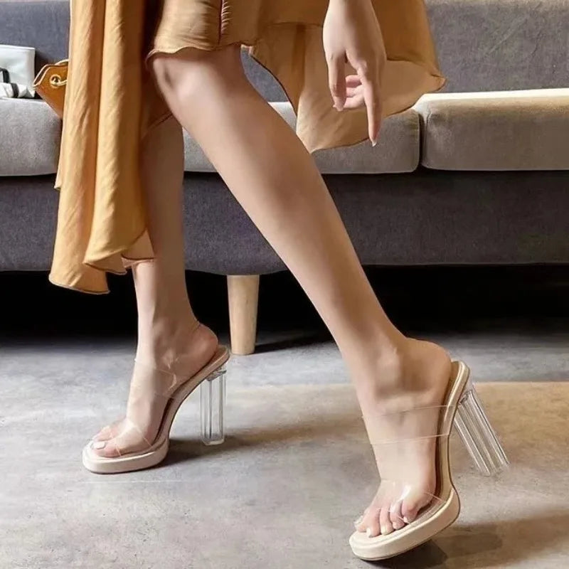 Transparent High Heels Thick-Heeled Sandals Comfortable Casual Open-Toe Fish Mouth Sexy Slippers