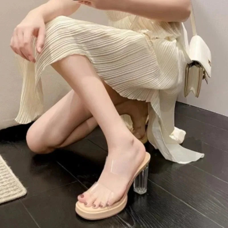 Transparent High Heels Thick-Heeled Sandals Comfortable Casual Open-Toe Fish Mouth Sexy Slippers