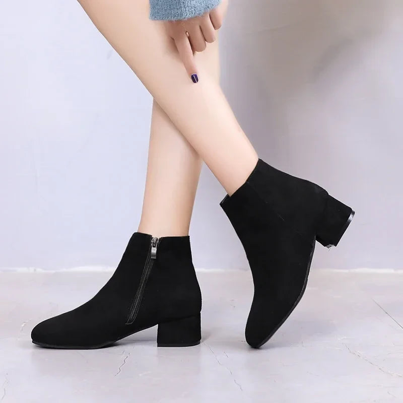 Boots Suede Dress Warm Boots Mid-Heel Wool Warm Ankle Boots