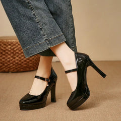 classic round-toe platform heels with thick soles featuring smooth leather texture Sizes available:35-42