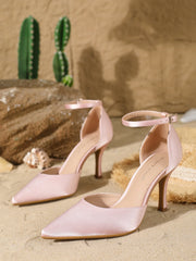 fashionable elegant satin pointed-toe high heels with a back ankle strap