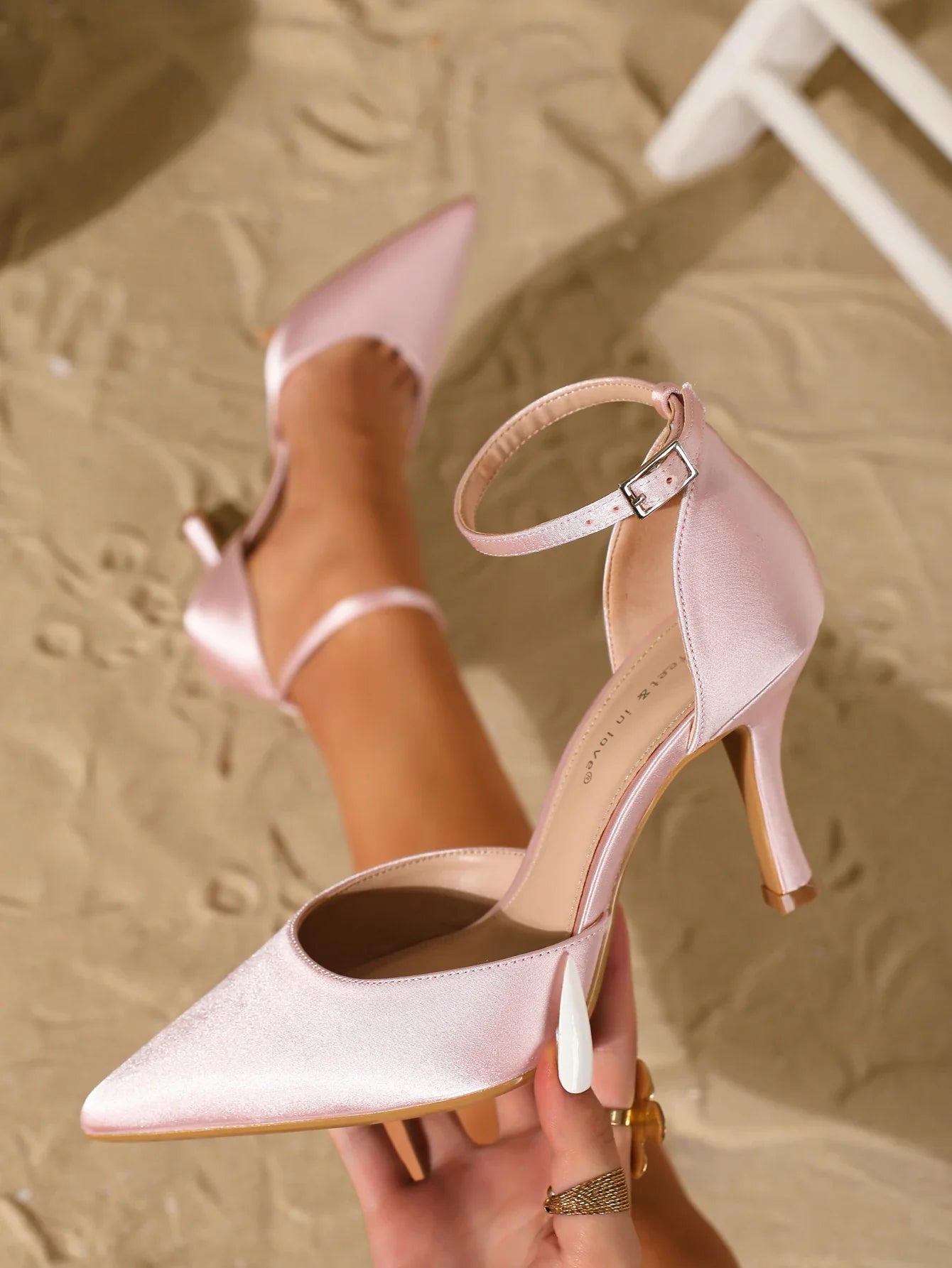fashionable elegant satin pointed-toe high heels with a back ankle strap