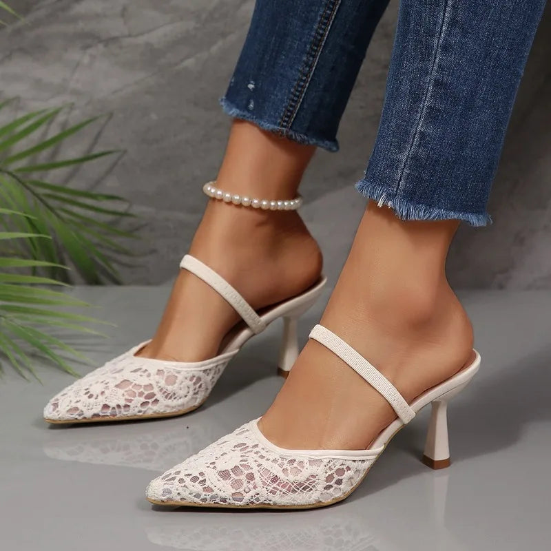 fashionable mesh embroidered slippers pointed-toe sexy luxurious designer style black highheeled slippers size 42
