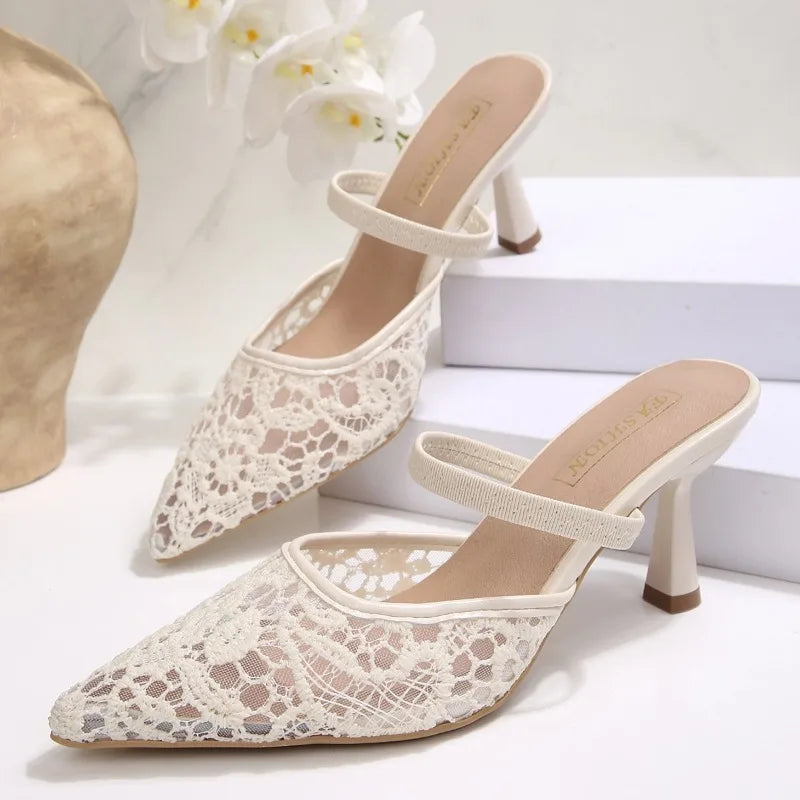 fashionable mesh embroidered slippers pointed-toe sexy luxurious designer style black highheeled slippers size 42