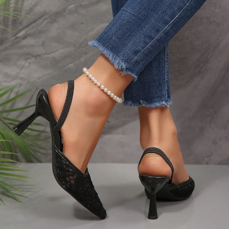 fashionable mesh embroidered slippers pointed-toe sexy luxurious designer style black highheeled slippers size 42
