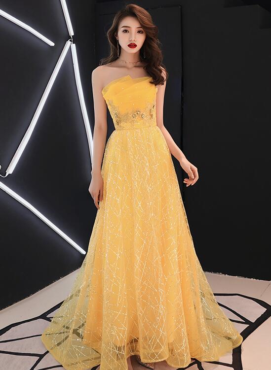 Unique Yellow Tulle Style Beaded Flowers Formal Gown