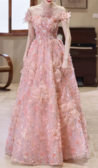 Harmony Pink 3D Floral Sequin Off-Shoulder Maxi Gown