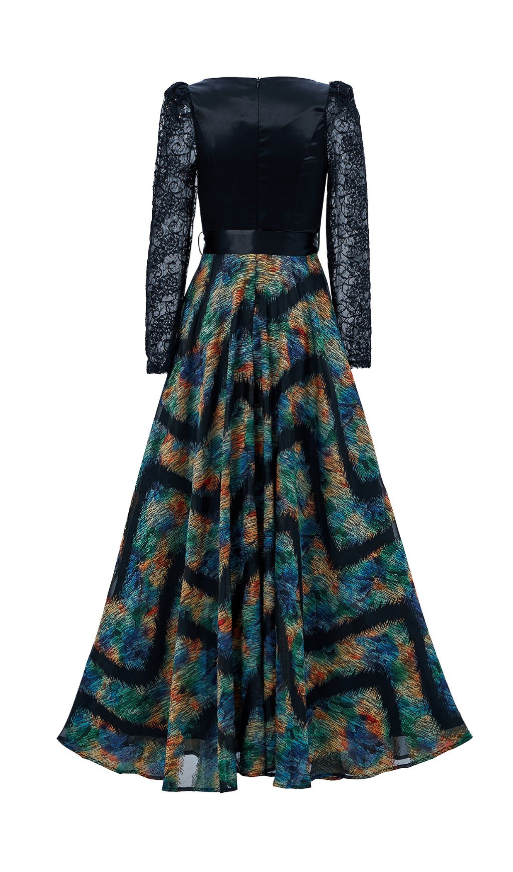 Ffan Elegant Ruched Bodice Lace Sleeve Vibrant Maxi Dress