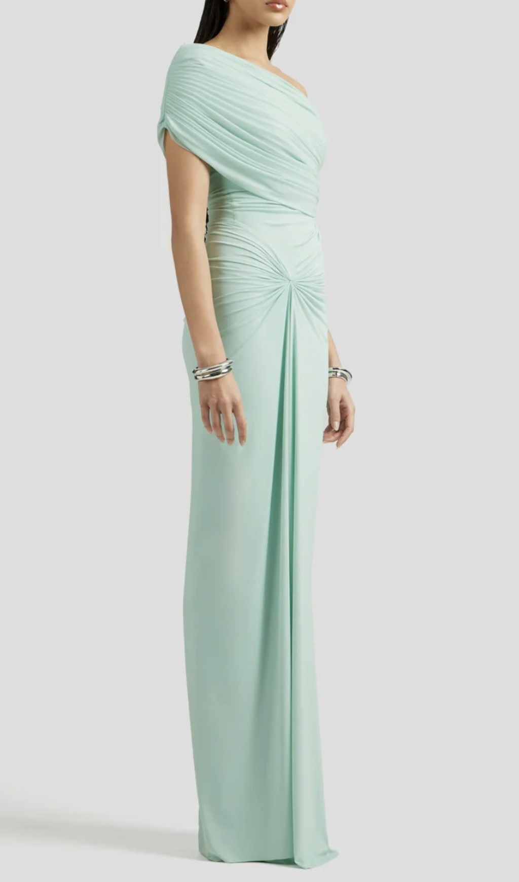Henryk Mint Ruched One-Shoulder Maxi Dress