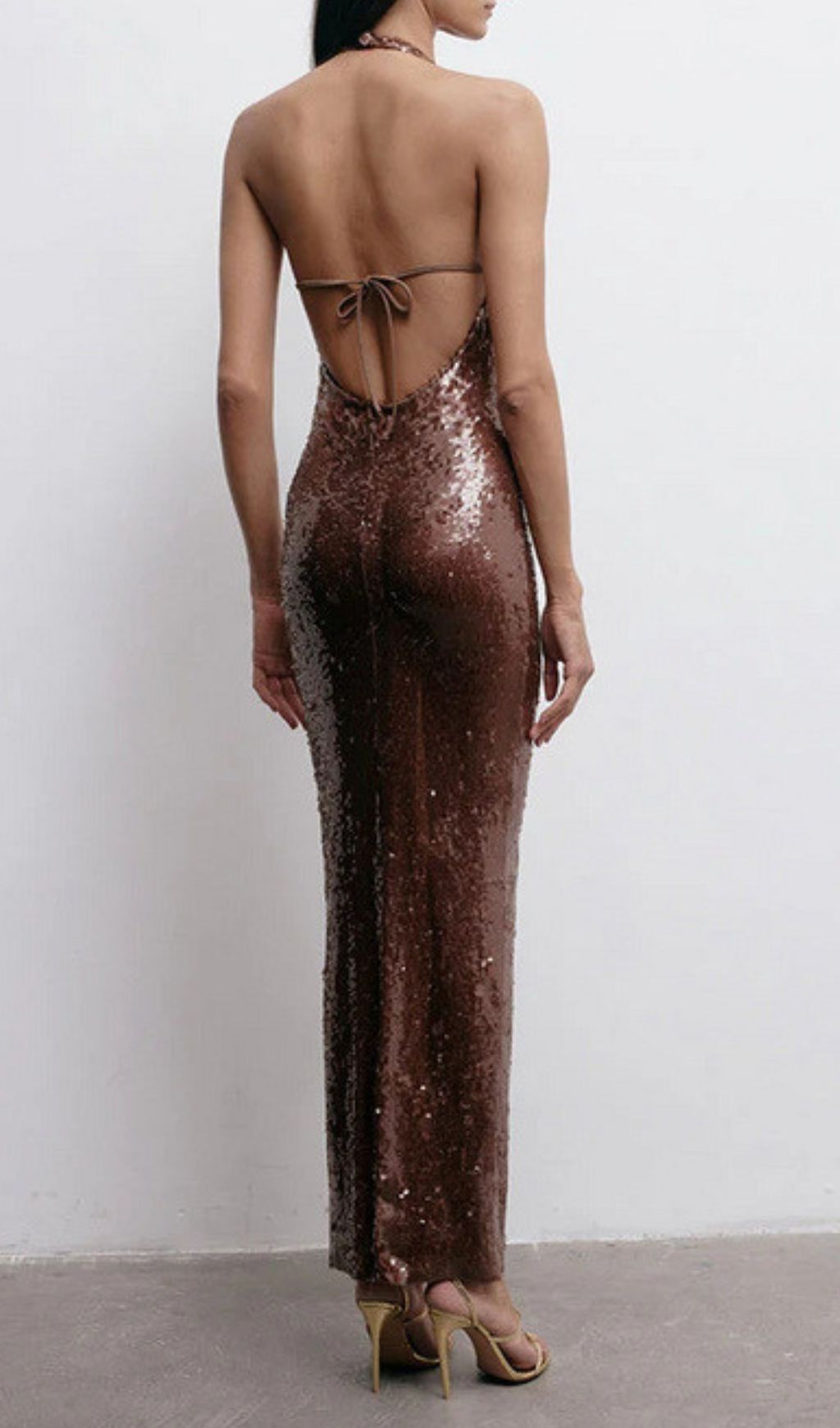 Fathia Halter Backless Bronze Sequin Maxi Dress