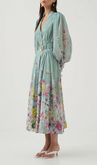 Elsie Radiant Bloom Lantern Sleeve Floral Midi Dress
