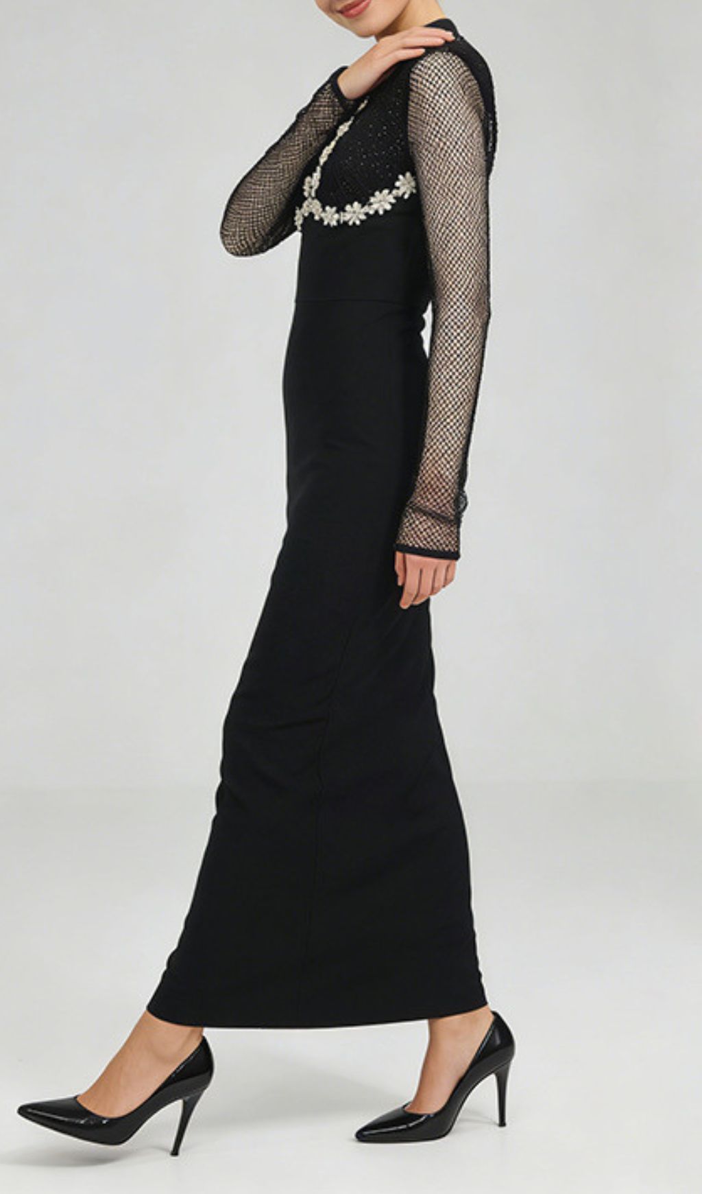 Jaliyah Black Embellished Mesh Sleeve Maxi Dress