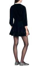 Chic Black Velvet Mini Dress with Beaded Collar & Bubble Skirt