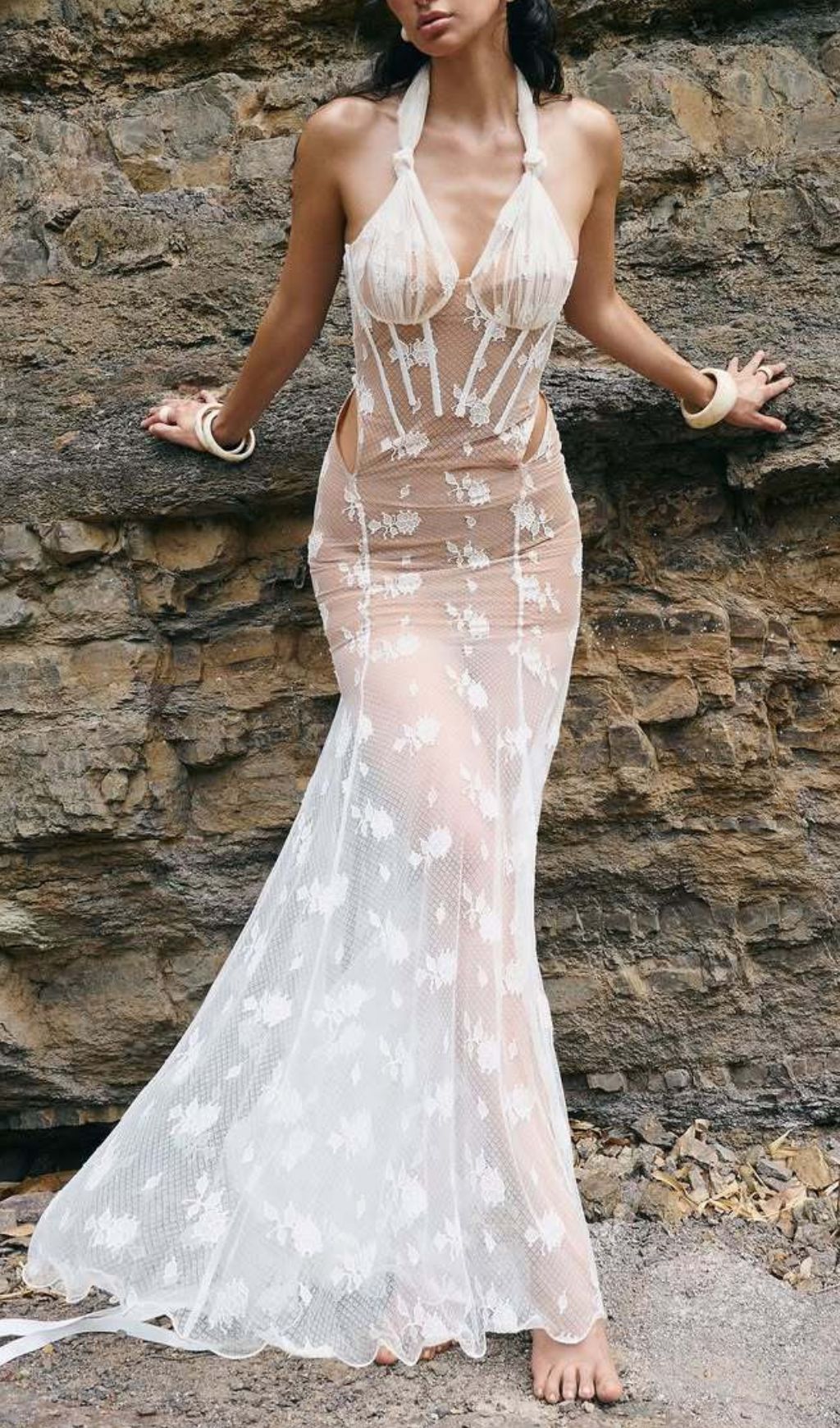 “Joanneâ€?Elegant Sheer Floral Lace Halter Corset Maxi Gown