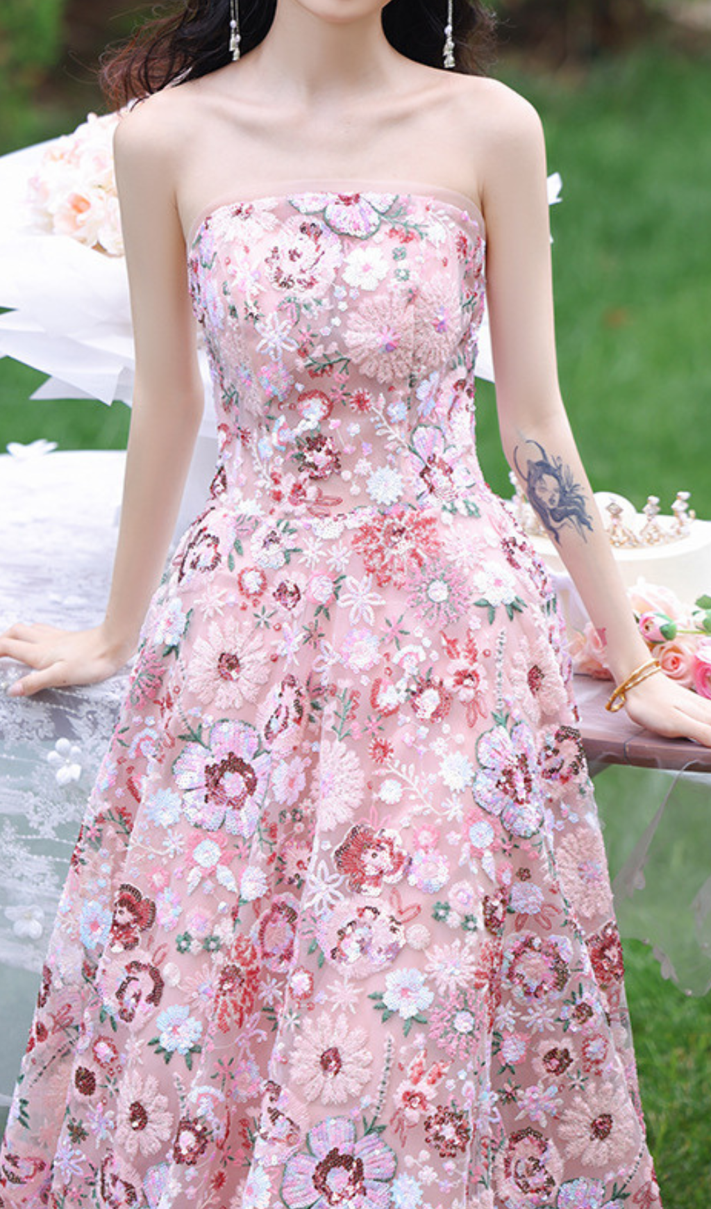 Geovany Pink Floral Sequin Strapless Maxi Dress