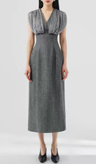 Galina Chic Grey Ruched V-Neck Midi Dress